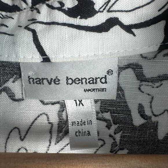 Harve Benard 1X Black White Floral Button Down Linen Cotton Top - Picture 5 of 6
